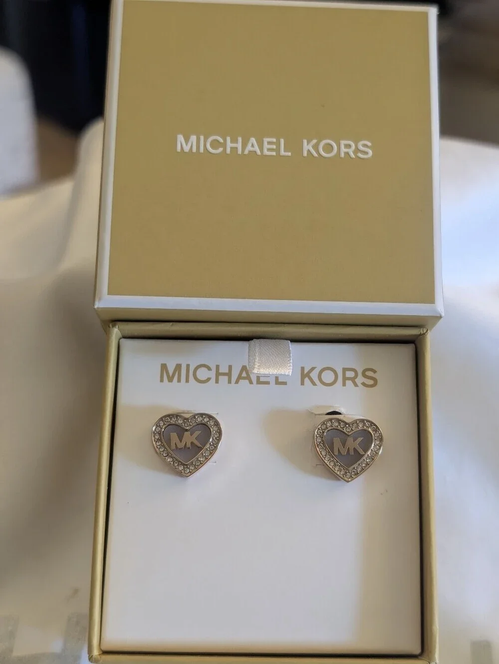 Michael Kors Crystal Monogram Heart Stud Earrings